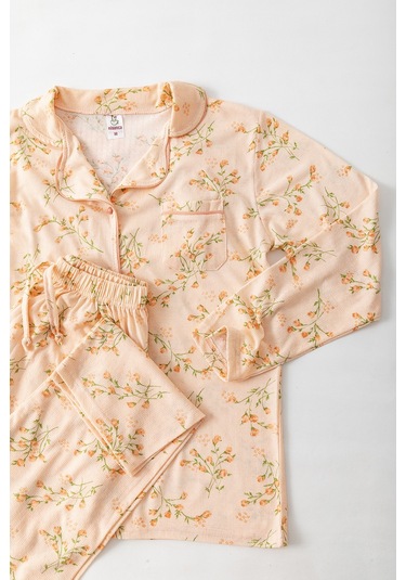 Uzun Kol Gömlek Yaka Kadın Pinterest Pijama Takımı - Mevsimlik Kadın Pijama- Geniş Beden Aralığı Turuncu