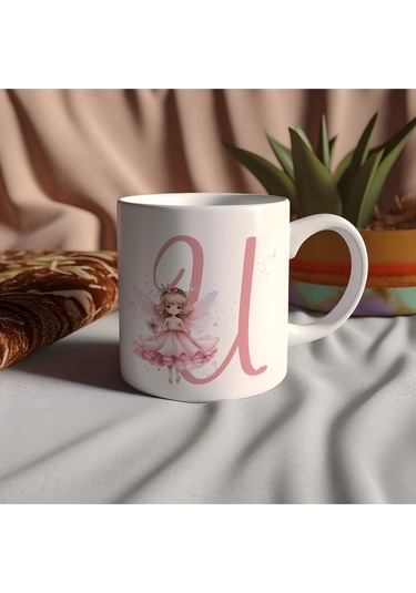 U Harfi Pembe Peri Kızı Figürlü Kupa Bardak Masalsı Çay Kahve Kupası - Kişiye Özel Hediye Beyaz