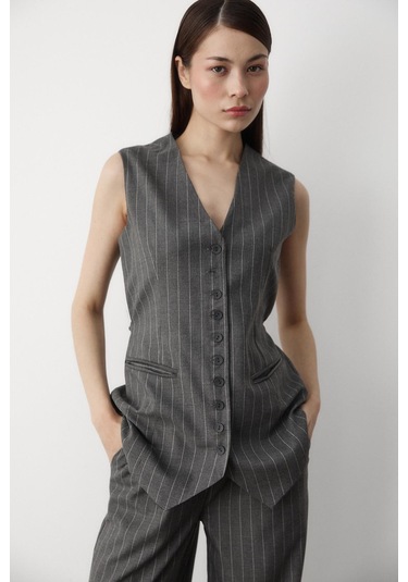 Antrasit Çok Düğmeli Çizgili Premium Takım Antrasit