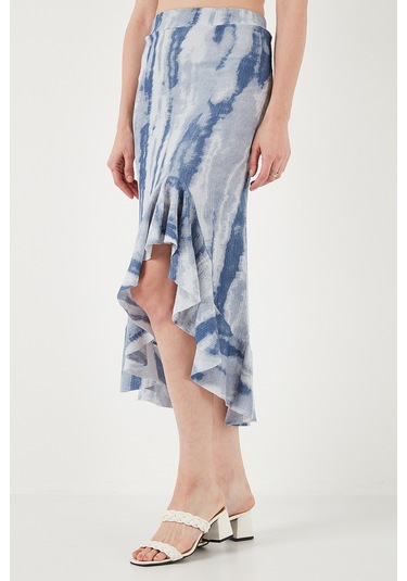 Lela Regular Fit Desenli Yüksek Bel Volanlı Midi Boy Yırtmaçlı Bayan Etek 5869013 Indigo