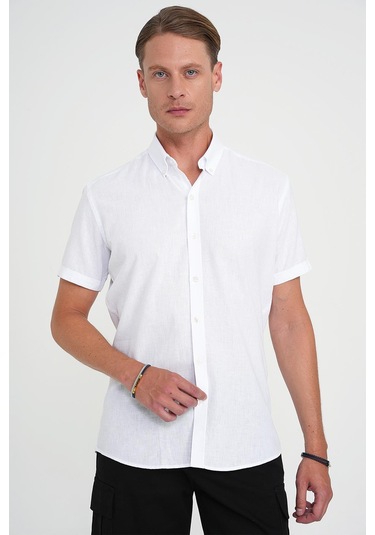 Comfort Fit Düğme Yaka Kısa Kol %100 Keten Düz Beyaz Gömlek G 1596 Beyaz