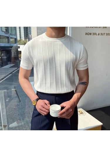 Erkek Slim Kısa Kollu Triko Tişört Yazlık Basic Beyaz