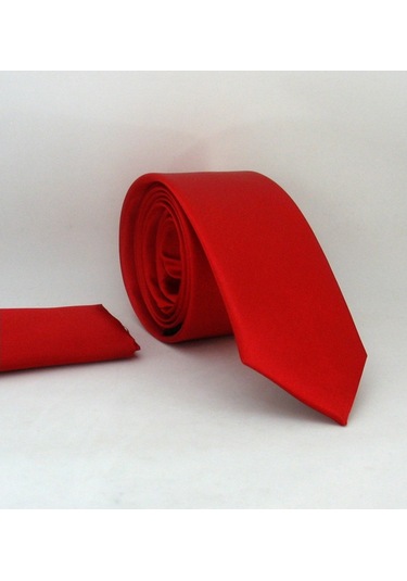 Kırmızı Slim Fit Düz Renk Mendilli Saten Kravat - SS-02 Kırmızı