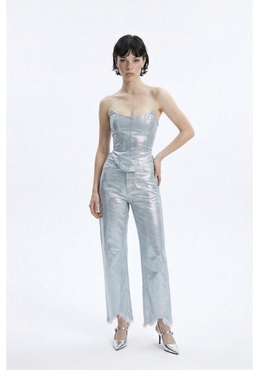 Holly Lolly Özel Yapım Parlak Kaplamalı Glossy Jean Pantolon Mavi