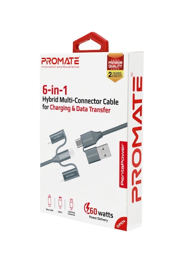 Promate Universal Lightning Type-C Micro-USB Şarj Kablosu Gri