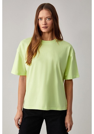 GRIMELANGE Jemmy Kadın %100 Organik Pamuk Relaxed Fit Yırtmaçlı Yuvarlak Yakalı Neon Yeşil T-shirt Neon Yeşil