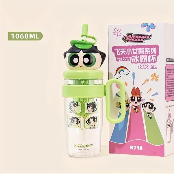 Wangxi Powerpuff Kızlar Buttercup Yeşili Blossom Su Bardağı Pipetli Kapaklı 37oz Ice King Kupa Sızdırmaz Seyahat Matarası Ahşap