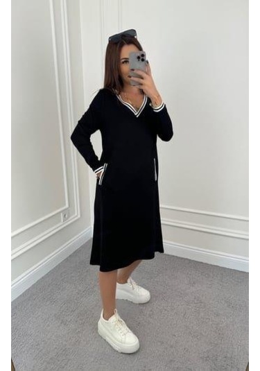 Kadın Uzun Kollu V Yakalı Şerit Detaylı Cepli Midi Viskon Iki Iplik Elbise Siyah