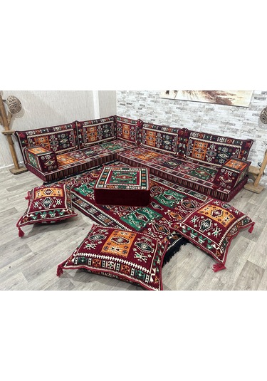 Coton Şark Köşesi Milas Desen Köşe Minder Takımı Bordo