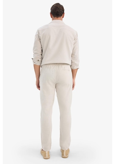 DeFacto %100 Pamuk Keten Görünümlü Pantolon Beli Lastikli Slim Fit Dar Kesim Cepli Düz Paça D2671AX25SMBG74