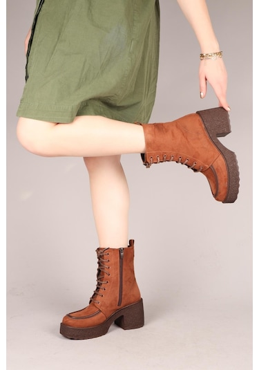 Tullıa Bağcıklı Süet Topuklu Kadın Bot Tarçın-7702 Yeşil