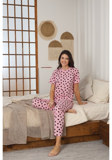 Kadın Yazlık Kısa Kol Penye Süprem Kumaş Pijama Takımı Pembe Siyah