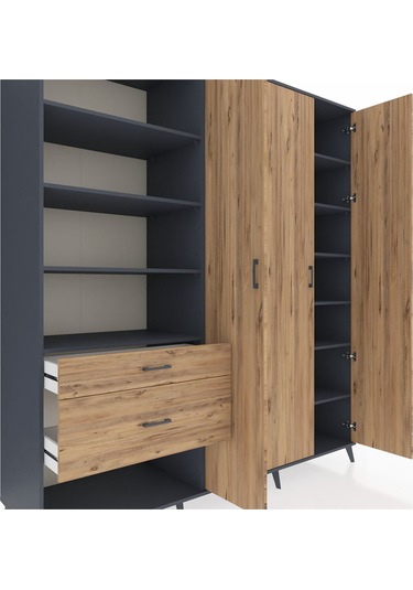 Kronos Dolap 16 Raflı 2 Çekmeceli 3 Kapaklı 220x59x243 Antrasit-çam/çam Atlas Çam/atlas Çam