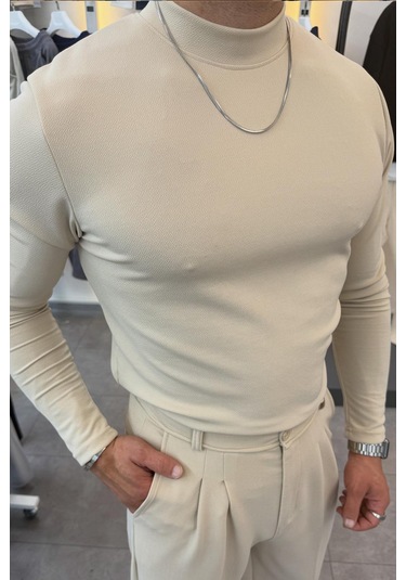 Yarım Balıkçı Pamuk Örme Likralı Esnek Rahat Kumaş Pileli Pantolonlu Takım krem