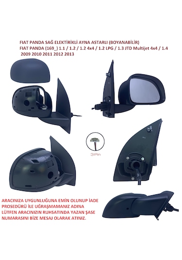 Fiat Panda Elektrikli Sağ Dış Dikiz Aynası 2009-2013 3 Pinli
