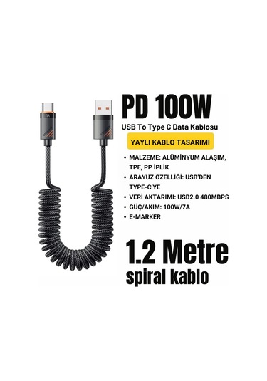 Essager Pd 100w 7a Usb To Type-c 1.2m Yaylı Spiral Data Ve Hızlı Şarj Kablosu, Kopmaz, Karışmaz Kablo