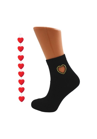 Kadın Çok Renkli Yarım Konç Pamuklu Çorap Kalp Desenli 4'lü Paket Çok Renkli