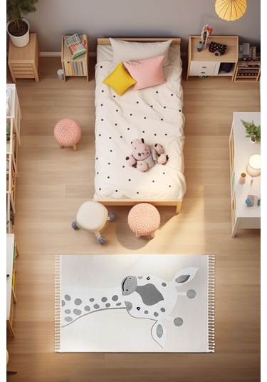 Sparkle Krem Gri Zürafa Figürlü Hayvan Figürlü Çocuk Odası Halısı Gri