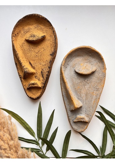 Özel Tasarım El Yapımı Taş Heykel Soyut Yarım Yüz Maske 2'li Set, Duvar Dekor, Modern Ev Ve Ofis Dek