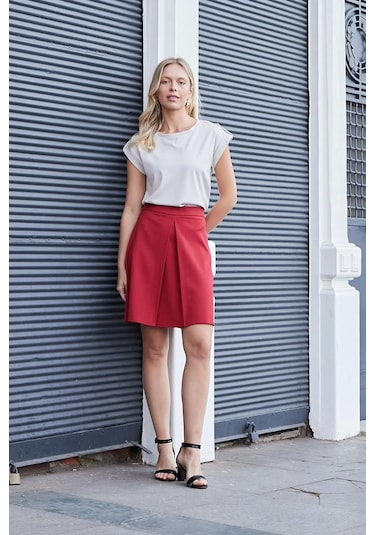 Kadın Yüksek Bel Hafif Likralı Kumaş Pilikaşeli Diz Boy Çan Etek-kırmızı Kırmızı