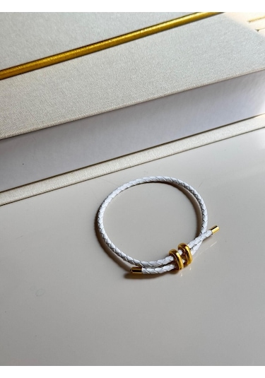 Beyaz Deri Görünümlü Çift Dolamalı Çelik Detaylı Bileklik Unisex Tasarım Altın