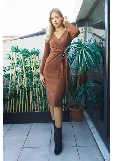 Kadın Hafif Likralı Triko Kruvaze Anvelop Bağcıklı Uzun Kol Diz Altı Uzun Elbise-fındık Kabuğu Fındık Kabuğu Kadın Hafif Likralı Triko Kruvaze Anvelop Bağcıklı Uzun Kol Diz Altı Uzun Elbise-fındık Kabuğu Fındık Kabuğu