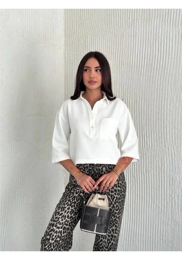 Crop Lucky Life Kadın Yakalı Gömlek Üç Çeyrek Sleeve Kol - Beyaz Renkli