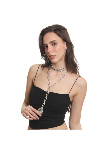 Labalaba Kadın Antik Gümüş Kaplama 2' Li Damla Uçlu Kolye& Choker Gümüş