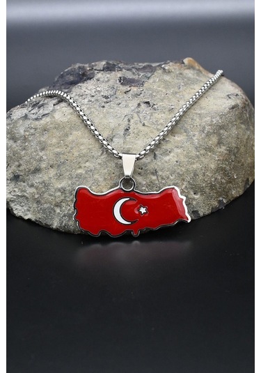Türk Bayrağı - Ay Yıldızlı Mineli Kolye Paslanmaz Çelik Zincir 902296 Gümüş