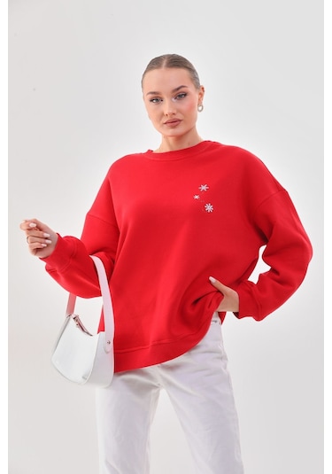 Kallima Oversize Baskılı İçi Polarlı Kırmızı Kadın Sweatshirt Kırmızı