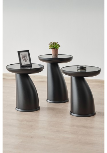 Altınaks Mobilya Elips Sehpa,3'lü Sehpa,yan Sehpa,zigon Sehpa - Siyah & Siyah Mermer Desenli