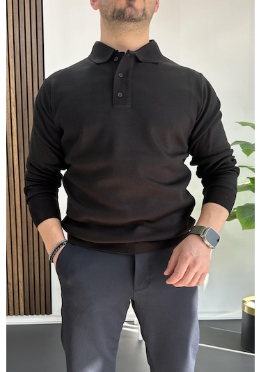 Erkek Düğmeli Polo Yaka Kazak Siyah Edw231 Siyah