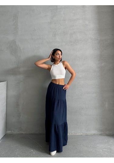 Kadın Pamuklu Maxi Boy Müslin Etek Lacivert Kadın Pamuklu Maxi Boy Müslin Etek Lacivert