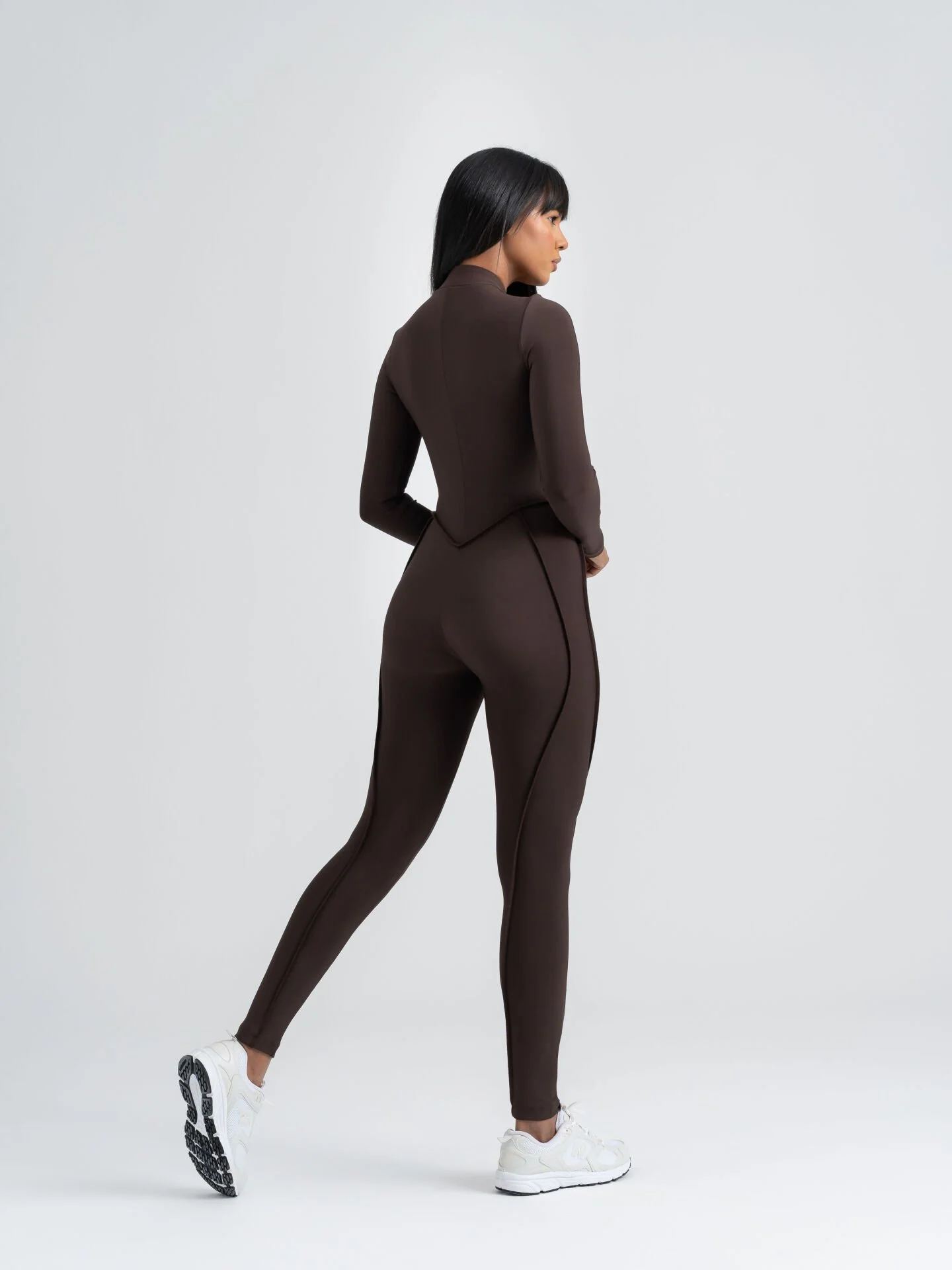 Dikişle Modellenmiş Spor Tayt Tulum Kahverengi