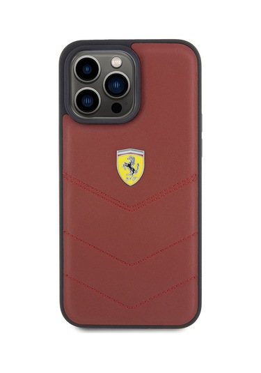 İphone Uyumlu 15 Pro Max Kılıf Ferrari Lisanslı Deri Dikişli Arka Yüzey Metal Logo Tasarımlı Kapak Kırmızı
