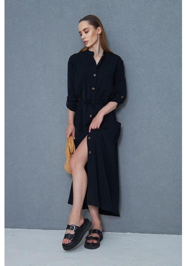 Kadın Yeni Sezon Krep Cepli Uzun Katlanabilir Kollu Büzgülü Elbise Yazlık Günlük Giyçık Siyah