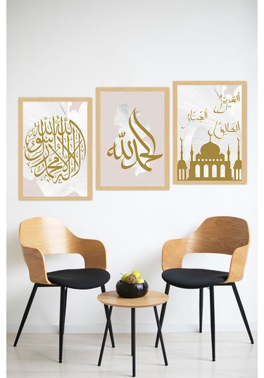 Altın Varaklı İslami 3 Lü Tablo Seti Şık, Anlamlı Ve Estetik Çerçeve Efektli Crvs1228 30 X 40