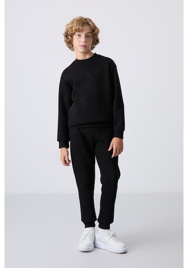 Tommy Life Siyah Pamuklu Kalın İçi Tüylü Yumuşak Dokulu Standart Fit Nakışlı Erkek Çocuk Eşofman Takım - 11249 Siyah