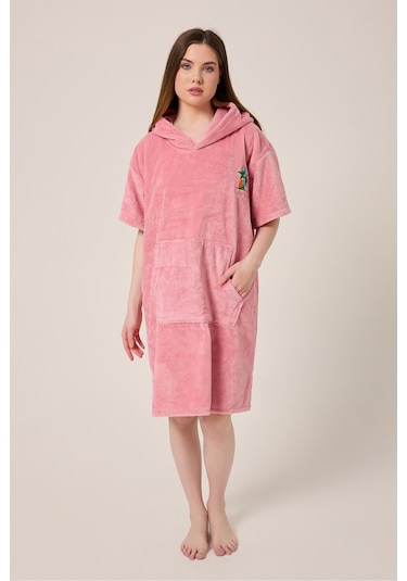 Palmiye Sörf Nakışlı Yetişkin Sörf Yazlık Panço Kapüşonlu Plaj Havlusu Gül Gül