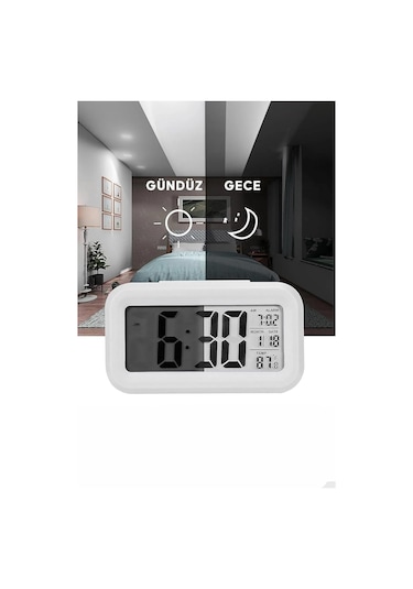 Dekoratif Alarmlı Termometreli Işıklı Dijital Çalar Saat Beyaz