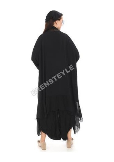 Italyan Büyük Beden Ipek Detaylı Oversize Kaftan & Bluz-9896 Siyah