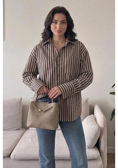 Lijuri Çizgili Oversize Basic Gömlek 3504 Bej