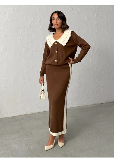 Kadın Bebe Yaka Triko Takım Kahverengi
