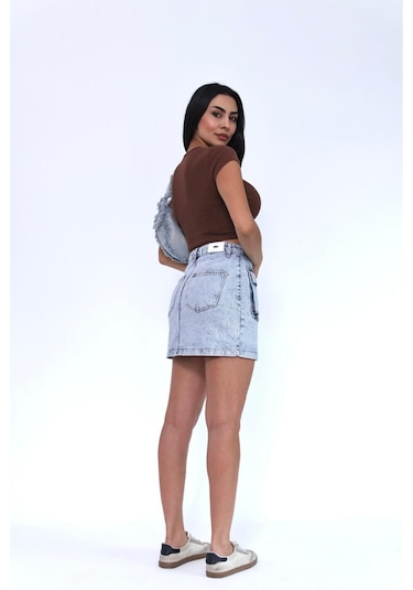 Zeo Basic Kargo Cepli Mini Skirt Mavi- Buz