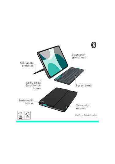 Logitech Flip Folio İpad Pro 13 İnç M4 , İpad Air 13 İnç M2 Ve M3 İle Uyumlu Türkçe Klavyeli Tablet Kılıfı, Siyah