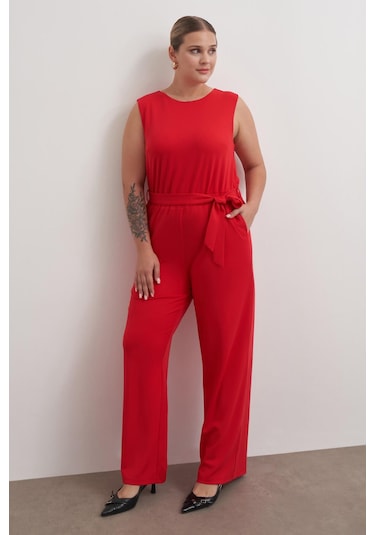 Pencere Detaylı Cepli Örme Tulum-6180 Kırmızı