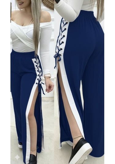 Tua Moda Kadın Yüksek Bel Yandan Çapraz Bağcıklı Yırtmaçlı Viskon Iki Iplik Pantolon Lacivert