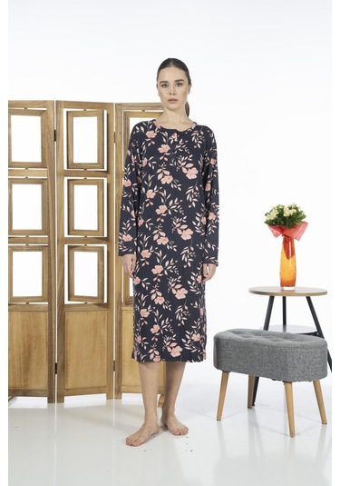Estiva 23246-2 Üstten Düğmeli Uzun Kollu Desenli Likra Viskon Günlük Elbise 001