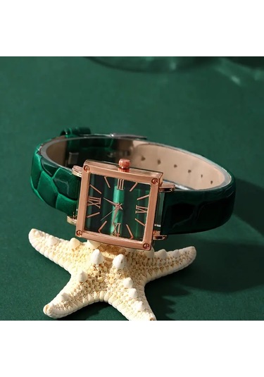 Kadın Vintage Kare Kuvars Saat Analog Ve Kolye+küpe+yüzük Takı S Yeşil