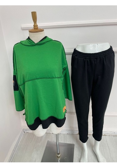 Modaserdem Kadın Yeşil Kapşonlu Etek Ucu Detay Arma Ters Dikiş Gorunumlu Ikili Takım Yeşil